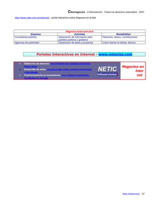 Cibernegocios - S.Samoilovich - Todos los derechos reservados - 2001
http://www.netic.com.ar/netocios/ - portal interactivo sobre Negocios en la Net
Negocios brick and click
Empresa Actividad Rentabilidad
Consultoras políticas Generación de información para
partidos políticos o gobierno
Patrocinio, abono, contribuciones
Agencias de publicidad Generación de ideas y proyectos Cobro directo al cliente, abonos.
Portales Interactivos en Internet - www.netocios.com
• Obtención de dominio: vea el listado de nuestros dominios
disponibles
• Desarrollo de sitios: conozca algo sobre nuestra orientación
y tecnología
• Posicionamiento en buscadores: vea nuestros excelentes
resultados en Google
NETIC
Infoserviciosi
Negocios en
Inter
net
Netic Infoservicios 37
 