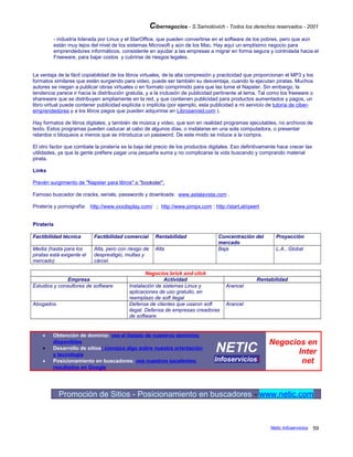 Cibernegocios - S.Samoilovich - Todos los derechos reservados - 2001
- industria liderada por Linux y el StarOffice, que pueden convertirse en el software de los pobres, pero que aún
están muy lejos del nivel de los sistemas Microsoft y aún de los Mac. Hay aquí un amplísimo negocio para
emprendedores informáticos, consistente en ayudar a las empresas a migrar en forma segura y controlada hacia el
Freeware, para bajar costos y cubrirse de riesgos legales.
La ventaja de la fácil copiabilidad de los libros virtuales, de la alta compresión y practicidad que proporcionan el MP3 y los
formatos similares que están surgiendo para video, puede ser también su desventaja, cuando la ejecutan piratas. Muchos
autores se niegan a publicar obras virtuales o en formato comprimido para que las tome el Napster. Sin embargo, la
tendencia parece ir hacia la distribución gratuita, y a la inclusión de publicidad pertinente al tema. Tal como los freeware o
shareware que se distribuyen ampliamente en la red, y que contienen publicidad para productos aumentados y pagos, un
libro virtual puede contener publicidad explícita o implícita (por ejemplo, esta publicidad a mi servicio de tutoría de ciber-
emprendedores y a los libros pagos que pueden adquirirse en Librosenred.com ).
Hay formatos de libros digitales, y también de música y video, que son en realidad programas ejecutables, no archivos de
texto. Estos programas pueden caducar al cabo de algunos días, o instalarse en una sola computadora, o presentar
retardos o bloqueos a menos que se introduzca un password. De este modo se induce a la compra.
El otro factor que combate la piratería es la baja del precio de los productos digitales. Eso definitivamente hace crecer las
utilidades, ya que la gente prefiere pagar una pequeña suma y no complicarse la vida buscando y comprando material
pirata.
Links
Prevén surgimiento de "Napster para libros" o "bookster".
Famoso buscador de cracks, serials, passwords y downloads: www.astalavista.com .
Piratería y pornografía: http://www.xxxdisplay.com/ ; http://www.pimpx.com ; http://start.at/qwert
Piratería
Factibilidad técnica Factibilidad comercial Rentabilidad Concentración del
mercado
Proyección
Media (hasta para los
piratas está exigente el
mercado)
Alta, pero con riesgo de
desprestigio, multas y
cárcel.
Alta Baja L.A., Global
Negocios brick and click
Empresa Actividad Rentabilidad
Estudios y consultores de software Instalación de sistemas Linux y
aplicaciones de uso gratuito, en
reemplazo de soft ilegal
Arancel
Abogados Defensa de clientes que usaron soft
ilegal. Defensa de empresas creadoras
de software.
Arancel
• Obtención de dominio: vea el listado de nuestros dominios
disponibles
• Desarrollo de sitios: conozca algo sobre nuestra orientación
y tecnología
• Posicionamiento en buscadores: vea nuestros excelentes
resultados en Google
NETIC
Infoserviciosi
Negocios en
Inter
net
Promoción de Sitios - Posicionamiento en buscadores - www.netic.com
Netic Infoservicios 59
 