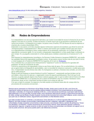Cibernegocios - S.Samoilovich - Todos los derechos reservados - 2001
www.ideaspoliticas.com.ar Un sitio sobre política argentina, interactivo.
Negocios brick and click
Empresa Actividad Rentabilidad
Cámaras comerciales Gestión de ruedas de negocios
virtuales
Comisión o suma fija.
Gobierno Gestión de ruedas de negocios
virtuales
Aumento de actividad comercial.
Empresas relacionadas con el turismo Gestión de ruedas de negocios
virtuales complementarias de otras
reales
Aumento del turismo
28. Redes de Emprendedores
Los emprendedores son una raza especial de individuos, que sienten la necesidad de encarar la formación de una nueva
empresa. Esta tarea no es sencilla: el índice de fracasos es mucho mayor que el que presenta la culminación de una
carrera universitaria, o la búsqueda de un empleo. (en países como el nuestro, 95% de fracasos de nuevas empresas en
el primer año, en países desarrollados 90%).
Emprender es una ciencia; así lo han encarado algunas instituciones superiores de enseñanza, que dictan la carrera de
"Entrepreneurship" ("emprendedorismo"). Miren si estamos mal nosotros que ni palabra tenemos para esta ciencia…
Los emprendimientos tecnológicos tienen ventaja respecto de los puramente comerciales, en el sentido de su alta
capacidad de crecimiento rápido. Si a un inventor o programador emprendedor le va bien, puede llegar a millonario en
poco tiempo. Si a un pequeño comerciante le va bien, puede pasar a mediano comerciante en el trascurso de 5 o 10
años.
Para fomentar los emprendimientos tecnológicos, las Naciones Unidas formaron el programa EMPRETEC, que enseña
las cualidades básicas del emprendedor tecnológico exitoso. Al que quiera conocer un poco más de este tema, lo invito
a visitar la página de la Fundación EMPRETEC de Argentina, de la cual soy Webmaster
Voy a referirme hoy a un aspecto de la formación de los "empretecos" (como nos llamamos los egresados del
programa). Se trata de la formación de redes.
Una de las características del emprendedor exitoso es que forma redes de apoyo. Por su actitud abierta a los cambios,
por su agresividad en la búsqueda de oportunidades, y por su necesidad de comunicar su proyecto y recabar apoyo para
éste, el emprendedor necesita formar estas redes. En el programa se analizan y fomentan estas actitudes, así como otras
que se saben positivas.
Desde la sede del Programa se intenta fortalecer la red de "empretecos" , manteniendo una base de datos con las
actividades y direcciones de cada uno, y organizando eventos de negocios periódicamente. Doy fe de que la red
funciona, ya que he realizado algunos muy buenos contactos gracias a ella. Lo que no anduvo aún (al menos en la filial
argentina de EMPRETEC) es la introducción de la cultura de INTERNET entre los cursantes. Intentamos varios
mecanismos, desde un foro virtual hasta una base de datos con la oferta de cada uno.
Creo que se repite la constante: los negocios y las redes nacidos en la Internet tienen años de ventaja sobre los
provenientes de la economía convencional…
Siempre estuve interesado en el fenómeno de las Redes Sociales, desde varios puntos de vista: como forma de
organización política en épocas en que los partidos políticos estaban prohibidos; como preservadoras de comunidades
nacionales o culturales, en mi época de residente en EE.UU.; y como estructuras económicas cuyas leyes nadie formuló
adecuadamente, en la era pre-Web. Al surgir la Red, como mecanismo ideal para la creación y supervivencia de todo tipo
de redes, predigo que las Redes virtuales ocuparán muchas de las funciones de la comunidad religiosa, social y nacional, y
que quien sea un redificador exitoso, seguramente será también un Web Marketer exitoso.
Las redes sociales tienen un contenido y una estructura. Como describo en un artículo siguiente (Micronaciones como
Negocio), las redes sociales convencionales (colectividades étnicas o religiosas, regionales o ideológicas) y las
comunidades virtuales comparten conocimientos e ideas comunes, comunicación interna y sentido de pertenencia. Tienen
una identidad y una filosofía, y fuertes mecanismos de comunicación internos. Estos elementos generan confianza y
eventualmente, negocios. La gente comercia no sólo con quien le ofrece una oportunidad, sino también con alguien con el
cual se puede comunicar, del cual se pueden pedir o dar referencias a terceros.
Netic Infoservicios 77
 