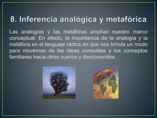 Las analogías y las metáforas amplían nuestro marco
conceptual. En efecto, la importancia de la analogía y la
metáfora en el lenguaje radica en que nos brinda un modo
para movernos de las ideas conocidas y los conceptos
familiares hacia otros nuevos y desconocidos.
 