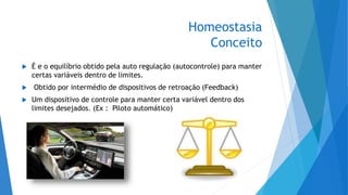 Homeostasia
Conceito
 É e o equilíbrio obtido pela auto regulação (autocontrole) para manter
certas variáveis dentro de limites.
 Obtido por intermédio de dispositivos de retroação (Feedback)
 Um dispositivo de controle para manter certa variável dentro dos
limites desejados. (Ex : Piloto automático)
 