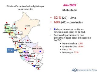 Año 2009Distribución de los diarios digitales por departamentos69 ciberdiarios32 % (22) - Lima68% (47) – provincias4departamentos no tienen ningún diario local en la Red.Son los departamentos que presentan bajas tasas de acceso a las TIC: Huancavelica 1,3%Madre de Dios 10,9%Pasco 7%Moquegua  22%32% 