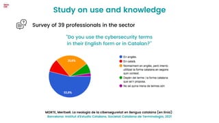 Study on use and knowledge
Survey of 39 professionals in the sector
"Do you use the cybersecurity terms
in their English form or in Catalan?"
MORTE, Meritxell. La neologia de la ciberseguretat en llengua catalana [en línia]:
Barcelona: Institut d'Estudis Catalans. Societat Catalana de Terminologia, 2021
 