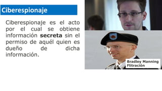 Ciberespionaje es el acto
por el cual se obtiene
información secreta sin el
permiso de aquél quien es
dueño de dicha
información.
Ciberespionaje
Bradley Manning
Flitración
 