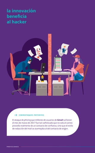 la innovación
beneficia
al hacker
P R O F E S I O N E SP R O F E S I O N E S
CI BERATAQ UES POTENTES
El ataque de phising que millones de usuarios de Gmail sufrieron
el mes de marzo de 2017 fue tan sofisticado que no solo el correo
procedía realmente de un contacto de confianza, sino que el estilo
de redacción del mail se asemejaba al del contacto de origen.
 