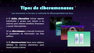 1) El delito cibernético incluye agentes
individuales o grupos que atacan a los
sistemas para obtener beneficios financieros
o causar interrupciones.
2) Los ciberataques a menudo involucran
la recopilación de información con fines
políticos.
3) El ciberterrorismo tiene como objetivo
debilitar los sistemas electrónicos para
causar pánico o temor.
 