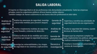 Enseñan e investigan en universidades o
centros de investigación.
SALIDA LABORAL
El Experto en Ciberseguridad es de las profesionas más demandadas actualmente. Tanto las empresas
privadas como los organismos públicos ofrecen buenas salidas labores.
También trabajar de manera autónoma es una buena elección profesional en este rubro.
Analista de
seguridad
Analiza las amenazas de seguridad, investiga
y desarrolla medidas para prevenir ataques.
Ingeniero de
seguridad
Diseña e implementa medidas de seguridad,
como firewalls y sistemas de detección.
Auditor de
seguridad
Evalúa la eficacia de las medidas que usan y
garantiza que tengan la seguridad necesaria.
Investigador
de seguridad
Investiga las vulnerabilidades y los riesgos
de seguridad en los sistemas y aplicaciones.
Analista de
pruebas
Supervisa y coordina las actividades de
seguridad dentro de una organización.
Gerente de
seguridad
Prueba la seguridad del sistema, usando
técnicas de hackeo ético
Gerente de
cumplimiento
Asegura que las empreses cumplan las
leyes, implementen las políticas adecuadas
y realicen evaluaciones de riesgos.
Docencia e
investigación
 