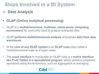 Steps Involved in a BI System
 Data Analysis
 OLAP (Online analytical processing)
• OLAP is a multidimensional, multiuser, client-server computing
environment for users who need to analyze enterprise data.
• OLAP performs multidimensional analysis of business data from data
warehouse.
• At the core of any OLAP system is an OLAP cube (also called a
'multidimensional cube' or a hyper cube).
• The usual interface to manipulate an OLAP cube is a matrix interface,
like Pivot Tables in a spreadsheet program, which performs projection
operations along the dimensions, such as aggregation or averaging.
 