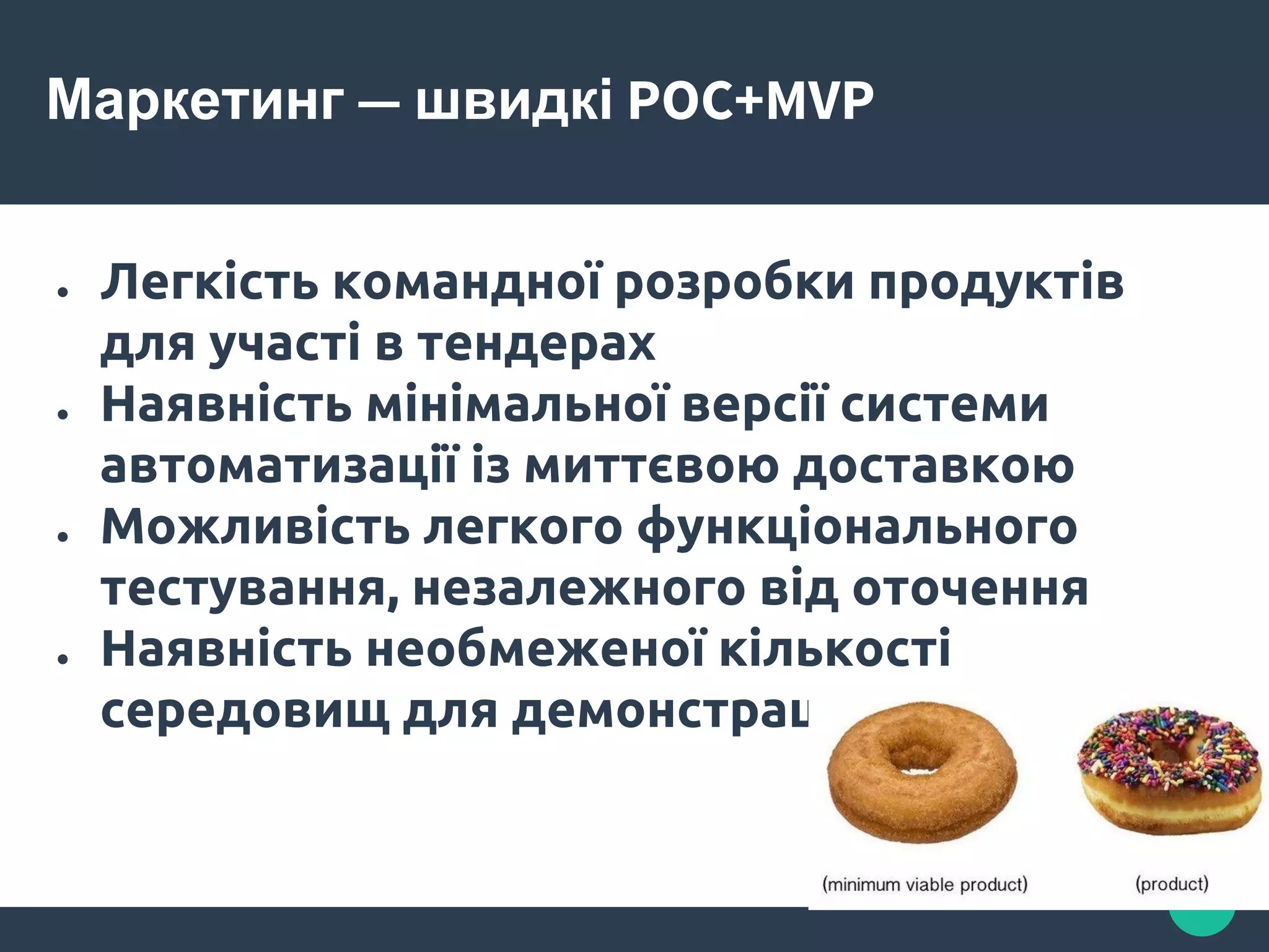 Маркетинг — швидкі POC+MVP
● Легкість командної розробки продуктів
для участі в тендерах
● Наявність мінімальної версії системи
автоматизації із миттєвою доставкою
● Можливість легкого функціонального
тестування, незалежного від оточення
● Наявність необмеженої кількості
середовищ для демонстрації
 