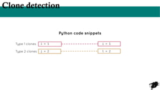 3
Clone detection
Type 1 clones
Type 2 clones
Python code snippets
i = 1
j = 2
i = 1
l = 2
 
