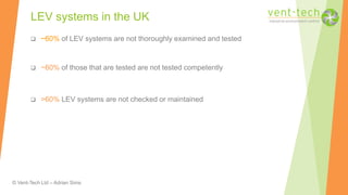 © Vent-Tech Ltd – Adrian Sims
 ~60% of LEV systems are not thoroughly examined and tested
 ~60% of those that are tested are not tested competently
 >60% LEV systems are not checked or maintained
LEV systems in the UK
 