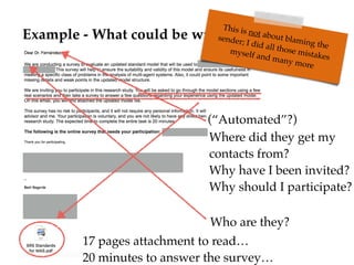 Example - What could be wrong here?
17 pages attachment to read…
20 minutes to answer the survey…
(“Automated”?)
Where did...