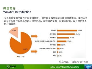 ⼤大多数社交⺴⽹网民⽤用户正在使⽤用微信。 朋友圈是微信功能中使⽤用率最⾼高的，⽤用户⼤大多
以⽂文字与图⽚片⽅方式来发送与接受消息。视频通话受制于流量的限制，没有得到更多
⽤用户的⾸首选。
WeChat Introduction
微信简介
信息来源： 艾媒网用户调查	
  
 