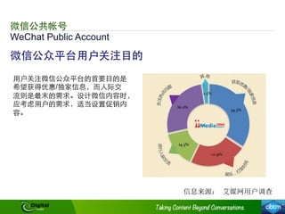 微信公众平台⽤用户关注⺫⽬目的
⽤用户关注微信公众平台的⾸首要⺫⽬目的是
希望获得优惠/独家信息，⽽而⼈人际交
流则是最末的需求。设计微信内容时，
应考虑⽤用户的需求，适当设置促销内
容。
WeChat Public Account
微信公共帐号
信息来源： 艾媒网用户调查	
  
 