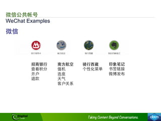 WeChat Examples
微信公共帐号
微信
招商银⾏行
查看积分
开户
退款
南⽅方航空
值机
选座
天⽓气
客户关系
骑⾏行⻄西藏
个性化菜单
印象笔记
书签链接
微博发布
 