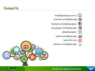 Contact Us
@digitaljunglecn	
  
plus.google.com/digitaljungle	
  
www.dmic.asia	
  
weibo.com/digitaljungle	
  
facebook.com/digitaljunglecn	
  
pinterest.com/digitaljungle	
  
slideshare.net/digitaljungle	
  	
  
info@digitaljungle.com.cn	
  
 