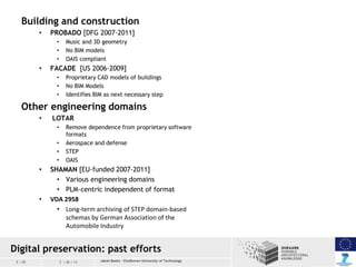Building and construction
•

PROBADO [DFG 2007-2011]
•
•
•

•

Music and 3D geometry
No BIM models
OAIS compliant

FACADE ...