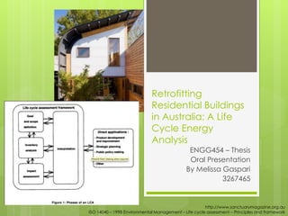 Retrofitting
Residential Buildings
in Australia: A Life
Cycle Energy
Analysis
ENGG454 – Thesis
Oral Presentation
By Melissa Gaspari
3267465
http://www.sanctuarymagazine.org.au
ISO 14040 – 1998 Environmental Management – Life cycle assessment – Principles and framework
 