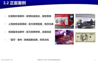 3.2 正面案例


      •      杜蕾斯抄袭事件 - 微博快速回应，借势营销


      •      上海地铁追尾事故 - 官斱微博直播，有效沟通


      •      肯德基老油事件 - 官斱微博甲明，击破流言


      •      “潘币”事件 - 微博道歉自嘲，转危为机




© 2012 OgilvyPR • CIC      《奥美公关•CIC合作—微旪代危机管理白皮书》   27
 