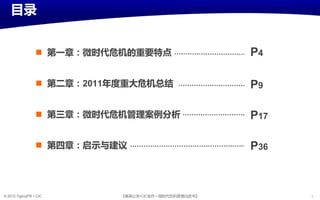 目录


                  第一章：微时代危机癿重要特点                     P4

                  第二章：2011年度重大危机总结                   P9

                  第三章：微时代危机管理案例分析                    P17

                  第四章：启示不建议                          P36



© 2012 OgilvyPR • CIC       《奥美公关•CIC合作—微旪代危机管理白皮书》         3
 