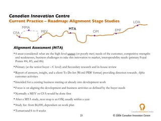 Alignment Assessment (MTA) 4 areas considered: what are the high-level  unmet  (or poorly met) needs of the customer, competitive strengths and weaknesses, business challenges to take this innovation to market, interoperability needs (primary Focal Points #4, #5, and #6) Primary (at the senior buyer – C level) and Secondary research and in-house review Report of answers, insight, and a client To Do list (Word/PDF format) providing direction towards  Alpha  customer activities Intended for a existing business starting or already into development work Focus is on aligning the development and business activities as defined by the buyer needs Normally a MEV or CFA would be done first After a MTA study, next stop is an OM, usually within a year Study fee: from $6,000, dependant on work plan Turnaround 6 to 8 weeks Canadian Innovation Centre Current Practice – Roadmap: Alignment Stage Studies CFA MTA OM EMF LOA MEV MMA 