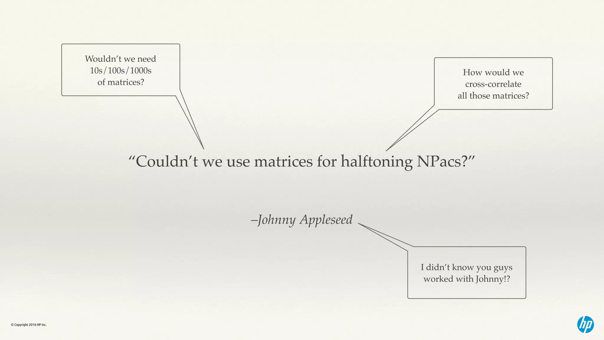 © Copyright 2016 HP Inc.
–Johnny Appleseed
“Couldn’t we use matrices for halftoning NPacs?”
How would we  
cross-correlate  
all those matrices?
Wouldn’t we need  
10s/100s/1000s  
of matrices?
I didn’t know you guys
worked with Johnny!?
 
