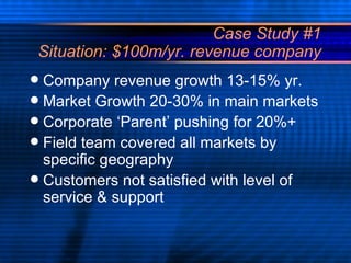 Case Study #1 Situation: $100m/yr. revenue company Company revenue growth 13-15% yr. Market Growth 20-30% in main markets Corporate ‘Parent’ pushing for 20%+ Field team covered all markets by specific geography Customers not satisfied with level of service & support 