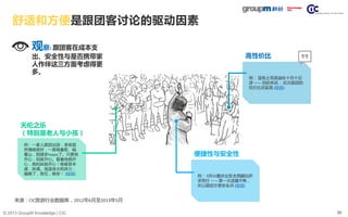 39© 2013 GroupM Knowledge | CIC
舒适和方便是跟团客讨论的驱动因素
例： 蓝色土耳其金秋十月十日
游 —— 总的来说， 此次跟团的
性价比还挺高 (链接)
高性价比
天伦之乐
（特别是老人与小孩）
便捷性与安全性
例： 9月20重庆出发去西藏拉萨
求同行 —— 第一次进藏不熟，
所以跟团方便安全点 (链接)
来源：CIC旅游行业数据库，2012年6月至2013年5月
观察: 跟团客在成本支
出、安全性与是否携带家
人作伴这三方面考虑得更
多。
例：一家人跟团出游，老爸显
然情绪甚好，一路唱着歌、喊
着山，别提多happy了。只要爸
开心，妈就开心。看着他俩开
心，我和妹就开心！晚餐甚丰
盛，妹请。泡温泉太耗体力，
瞌睡了，各位，晚安！ (链接)
 