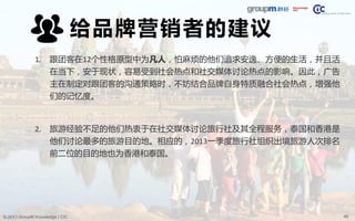 40© 2013 GroupM Knowledge | CIC
给品牌营销者的建议
1. 跟团客在12个性格原型中为凡人，怕麻烦的他们追求安逸、方便的生活，并且活
在当下，安于现状，容易受到社会热点和社交媒体讨论热点的影响。因此，广告
主在制定对跟团客的沟通策略时，不妨结合品牌自身特质融合社会热点，增强他
们的记忆度。
2. 旅游经验不足的他们热衷于在社交媒体讨论旅行社及其全程服务，泰国和香港是
他们讨论最多的旅游目的地。相应的，2013一季度旅行社组织出境旅游人次排名
前二位的目的地也为香港和泰国。
 