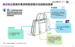 46© 2013 GroupM Knowledge | CIC
身份地位是海外奢侈购物游客讨论的驱动因素
例： 到纽约购物，不懂英文没有
问题，第五大道几乎每一家奢侈品
店都有中文服务 (链接)
—— 小鸟与老鹰的美丽家园
例： 对比下来，刷银联卡是最划
算的，直接按当天汇率折算人民币
消费了 (链接)
—— 懒猫先生
中文服务
退税政策
银联消费
限量款例： 因为退税太他妈的麻烦了！
排队比买球票还难！ (链接)
—— 朝阳木仁
例:这次金没怎么买，因为家里很
多，老公给我买了周大福的限量版
的维尼熊，大陆都没有的说！周生
生仅有版权的HELLO KITTY ，还有
一条金手链 (链接)
—— 秋之舞521
来源：CIC旅游行业数据库，2012年6月至2013年5月
启示: 想要把奢侈品购买
者留在国内的品牌不妨尝
试推出只有在国内能买得
到的限量款。
 