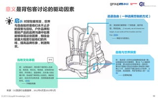 56© 2013 GroupM Knowledge | CIC
意义是背包客讨论的驱动因素
例： 其实我们都想做一个背包客，抛开烦
恼，寻找自由。 // Actually, we all shared one
target, to put aside all the troubles and live
free. (链接)
—— 神经兮兮的瑛儿
例： 我决定! 3月考完试我要做背包客! 第1
站搭高铁去武汉看樱花，第2站 飞上海叙朋
友旧情，第3站回北京探亲常住一段时间，
第4站宁夏银川回出生地落叶寻根预计用时
俩三个月，目的在于通过游历认识世界，认
识自我，挑战极限，有驴友想加入麽？ (链
接)
—— 没煮熟的麺
追逐自由（一种逃离世俗的方式）
当地文化体验
自我与世界探索
例： 台湾自由行，绝对是个很好的人生体
验，有历史、有文化、有美食、还有纯朴的
民风，拜访蒋公、逛逛老街，淡水渔人码头
看夕照，将会留下美好的人生回忆。我的自
由行，和五月天没有关系，觉得简直是浪费
时间。 (链接)
—— 天蝎座老魏
来源：CIC旅游行业数据库，2012年6月至2013年5月
启示: 对背包客而言，世界
与自由始终是他们永不止步
的探索与目标。户外品牌和
数码产品的品牌沟通中如果
能够体现这些因素，相信会
能最大程度引起他们的共
鸣，提高品牌形象，刺激购
买。
 