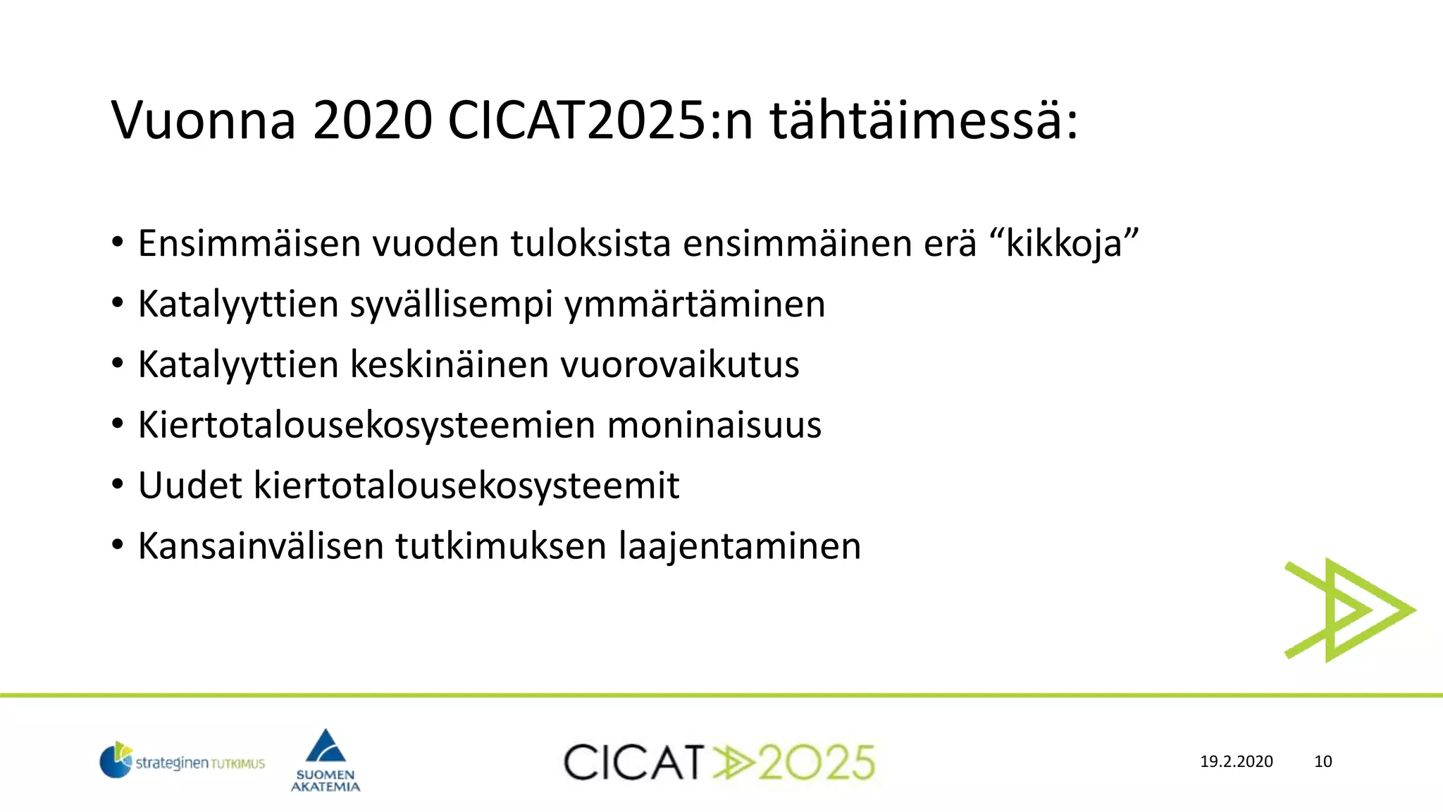 Vuonna 2020 CICAT2025:n tähtäimessä:
• Ensimmäisen vuoden tuloksista ensimmäinen erä “kikkoja”
• Katalyyttien syvällisempi ymmärtäminen
• Katalyyttien keskinäinen vuorovaikutus
• Kiertotalousekosysteemien moninaisuus
• Uudet kiertotalousekosysteemit
• Kansainvälisen tutkimuksen laajentaminen
1019.2.2020
 