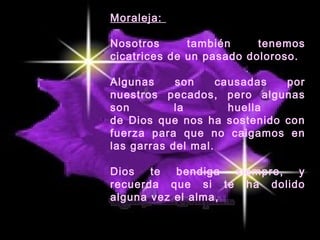 MMoorraalleejjaa:: 
Nosotros también tenemos 
cicatrices de un pasado doloroso. 
Algunas son causadas por 
nuestros pecados, pero algunas 
son la huella 
de Dios que nos ha sostenido con 
fuerza para que no caigamos en 
las garras del mal. 
Dios te bendiga siempre, y 
recuerda que si te ha dolido 
alguna vez el alma, 
 