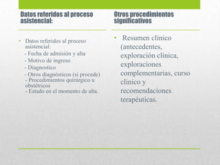 Datos referidos al proceso
asistencial:
• Datos referidos al proceso
asistencial:
- Fecha de admisión y alta
- Motivo de ingreso
- Diagnostico
- Otros diagnósticos (si procede)
- Procedimientos quirúrgico u
obstétricos
- Estado en el momento de alta.
Otros procedimientos
significativos
• Resumen clinico
(antecedentes,
exploración clínica,
exploraciones
complementarias, curso
clinico y
recomendaciones
terapéuticas.
 
