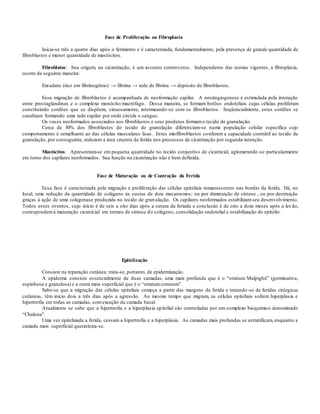 Fase de Proliferação ou Fibroplasia
Inicia-se três a quatro dias após o ferimento e é caracterizada, fundamentalmente, pela presença de grande quantidade de
fibroblastos e menor quantidade de mastócitos.
Fibroblatos: Sua origem, na cicatrização, é um assunto controverso. Independente das teorias vigentes, a fibroplasia,
ocorre da seguinte maneira:
Exsudato (rico em fibrinogênio) → fibrina → rede de fibrina → depósito de fibroblastos.
Essa migração de fibroblastos é acompanhada de neoformação capilar. A neoângiogenese é estimulada pela interação
entre prostaglandinas e o complexo monócito/macrófago. Dessa maneira, se formam botões endoteliais cujas células proliferam
constituindo cordões que se dispõem, sinuosamente, intermeando-se com os fibroblastos. Seqüencialmente, estes cordões se
canalizam formando uma rede capilar por onde circula o sangue.
Os vasos neoformados associados aos fibroblastos e seus produtos formamo tecido de granulação.
Cerca de 30% dos fibroblastos do tecido de granulação diferenciam-se numa população celular específica cujo
comportamento é semelhante ao das células musculares lisas. Estes miofibroblastos conferem a capacidade contrátil ao tecido de
granulação, por conseguinte, reduzem a área cruenta da ferida nos processos de cicatrização por segunda intenção.
Mastócitos: Apresentam-se em pequena quantidade no tecido conjuntivo de cicatricial, aglomerando-se particularmente
em torno dos capilares neoformados. Sua função na cicatrização não é bem definida.
Fase de Maturação ou de Contração da Ferida
Essa fase é caracterizada pela migração e proliferação das células epiteliais remanescentes nas bordas da ferida. Há, no
local, uma redução da quantidade de colágeno às custas de dois mecanismos: ou por diminuição de síntese , ou por destruição
graças à ação de uma colagenase produzida no tecido de granulação. Os capilares neoformados estabilizamseu desenvolvimento.
Todos esses eventos, cujo início é de seis a oito dias após a sutura da feriada e conclusão é de oito a doze meses após a les ão,
correspondemà maturação cicatricial em termos de síntese do colágeno, consolidação endotelial e estabilização do epitélio.
Epitelização
Consiste na reparação cutânea; trata-se, portanto, de epidermização.
A epiderme consiste essencialmente de duas camadas, uma mais profunda que é o “stratum Malpighii” (germinativa,
espinhosa e granulosa) e a outra mais superficial que é o “stratumcorneum”.
Sabe-se que a migração das células epiteliais começa a partir das margens da ferida e tratando-se de feridas cirúrgicas
cutâneas, têm início dois a três dias após a agressão. Ao mesmo tempo que migram, as células epiteliais sofrem hiperplasia e
hipertrofia em todas as camadas, comexceção da camada basal.
Atualmente se sabe que a hipertrofia e a hiperplasia epitelial são controladas por um complexo bioquímico denominado
“Chalona”.
Uma vez epitelizada a ferida, cessam a hipertrofia e a hiperplasia. As camadas mais profundas se estratificam, enquanto a
camada mais superficial queratiniza-se.
 