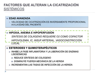FACTORES QUE ALTERAN LA CICATRIZACIÓN
SISTÉMICOS
 EDAD AVANZADA
 VELOCIDAD DE CICATRIZACIÓN ES INVERSAMENTE PROPORCIONAL
A A LA EDAD DEL PACIENTE
 HIPOXIA, ANEMIA E HIPOPERFUSIÓN
SÍNTESIS DE COLÁGENO REQUIERE O2 COMO COFACTOR
HIPOVOLEMIA, IC, INSUF ARTERIAL, VASOCONSTRICCIÓN
LOCAL
 ESTEROIDES Y QUIMIOTERAPÉUTICOS
 INHIBE LA FASE INFLAMATORIA Y LA LIBERACIÓN DE ENZIMAS
LISOSÓMICAS
 REDUCE SÍNTESIS DE COLÁGENO
 DISMINUYE FUERZA MECÁNICA DE LA HERIDA
 INCREMENTAN LAS TASAS DE INFECCIÓN DE LA HERIDA
 