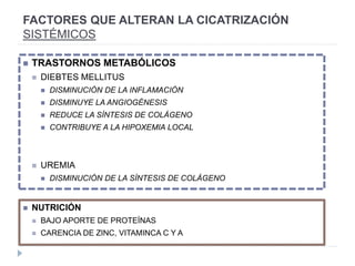 FACTORES QUE ALTERAN LA CICATRIZACIÓN
SISTÉMICOS
 TRASTORNOS METABÓLICOS
 DIEBTES MELLITUS
 DISMINUCIÓN DE LA INFLAMACIÓN
 DISMINUYE LA ANGIOGÉNESIS
 REDUCE LA SÍNTESIS DE COLÁGENO
 CONTRIBUYE A LA HIPOXEMIA LOCAL
 UREMIA
 DISMINUCIÓN DE LA SÍNTESIS DE COLÁGENO
 NUTRICIÓN
 BAJO APORTE DE PROTEÍNAS
 CARENCIA DE ZINC, VITAMINCA C Y A
 