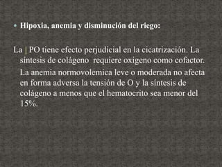  Hipoxia, anemia y disminución del riego:
La PO tiene efecto perjudicial en la cicatrización. La
síntesis de colágeno requiere oxigeno como cofactor.
La anemia normovolemica leve o moderada no afecta
en forma adversa la tensión de O y la síntesis de
colágeno a menos que el hematocrito sea menor del
15%.
 