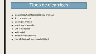 Tipos de cicatrices
■ Cicatriz insuficiente: inestables y crónicas
■ Son causadas por:
■ Ulcera por presión
■ Insuficiencia vascular
■ Enf. Metabólicas
■ Malignidad
■ Inflamatoria (vasculitis)
■ Hematológicas (hipercoagulabilidad).
 