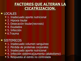 FACTORES QUE ALTERAN LA CICATRIZACION. LOCALES 1. Inadecuado aporte nutricional 2. Hipoxia tisular 3. Desecación tisular(necrosis) 4. Exudados 5. Infección 6.Trauma SISTEMICOS 1. Inadecuado volumen sanguíneo 2. Pérdida de proteínas corporales 3. Inadecuado aporte nutricional 4. Infección sistémica(aumenta catabolismo) 5. Respuesta al estrés no controlada 