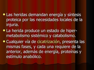 Las heridas demandan energía y síntesis proteica por las necesidades locales de la injuria. La herida produce un estado de hiper-metabolismo sistémico y catabolismo. Cualquier vía de  cicatrización , presenta las mismas fases ,  y cada una requiere de la anterior, además de energía, proteínas y estímulo anabólico . 
