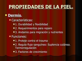 PROPIEDADES DE LA PIEL. Dermis . Características: 1. Durabilidad y flexibilidad 2. Requerimientos para reparo 3. Andamio para migración y nutrientes Funciones: 1. Proteje contra el trauma 2.  R egula flujo sanguíneo: Suplencia cutánea. Termorregulación 3. Factores de crecimiento 