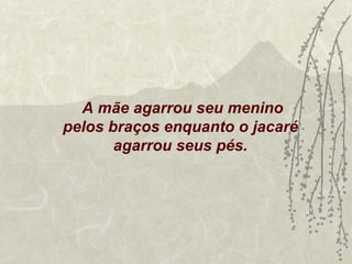 A mãe agarrou seu menino
pelos braços enquanto o jacaré
       agarrou seus pés.
 