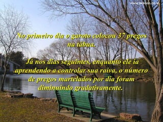 No primeiro dia o garoto colocou 37 pregos
                na tábua.

   Já nos dias seguintes, enquanto ele ia
aprendendo a controlar sua raiva, o número
    de pregos martelados por dia foram
       diminuindo gradativamente.
 