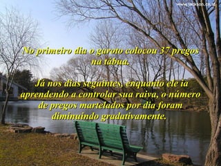  No primeiro dia o garoto colocou 37 pregos na tábua.  Já nos dias seguintes, enquanto ele ia aprendendo a controlar sua raiva, o número de pregos martelados por dia foram diminuindo gradativamente.  