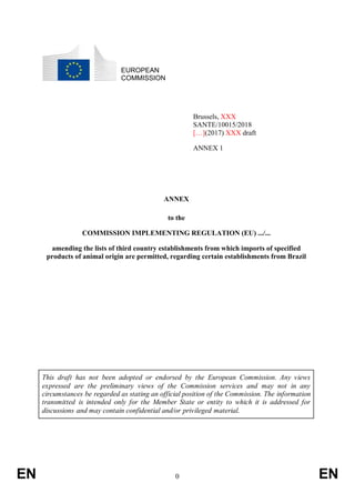 EN 0 EN
EUROPEAN
COMMISSION
Brussels, XXX
SANTE/10015/2018
[…](2017) XXX draft
ANNEX 1
ANNEX
to the
COMMISSION IMPLEMENTING REGULATION (EU) .../...
amending the lists of third country establishments from which imports of specified
products of animal origin are permitted, regarding certain establishments from Brazil
This draft has not been adopted or endorsed by the European Commission. Any views
expressed are the preliminary views of the Commission services and may not in any
circumstances be regarded as stating an official position of the Commission. The information
transmitted is intended only for the Member State or entity to which it is addressed for
discussions and may contain confidential and/or privileged material.
 