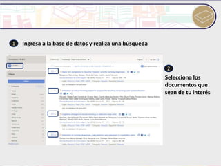 Ingresa a la base de datos y realiza una búsqueda1
2
Selecciona los
documentos que
sean de tu interés
 