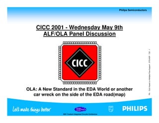 Philips Semiconductors




    CICC 2001 - Wednesday May 9th
      ALF/OLA Panel Discussion




                                                                                      PS - OLA Impact on Multiple Flow Support - DTG/ADF - TJE - 1
OLA: A New Standard in the EDA World or another
  car wreck on the side of the EDA road(map)



                2001 Custom Integrated Circuits Conference
 