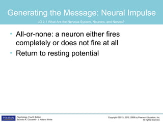 Copyright ©2015, 2012, 2008 by Pearson Education, Inc.
All rights reserved.
Psychology, Fourth Edition
Saundra K. Ciccarelli • J. Noland White
Generating the Message: Neural Impulse
• All-or-none: a neuron either fires
completely or does not fire at all
• Return to resting potential
LO 2.1 What Are the Nervous System, Neurons, and Nerves?
 