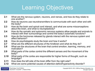 Copyright ©2015, 2012, 2008 by Pearson Education, Inc.
All rights reserved.
Psychology, Fourth Edition
Saundra K. Ciccarelli • J. Noland White
Learning Objectives
2.1 What are the nervous system, neurons, and nerves, and how do they relate to
one another?
2.2 How do neurons use neurotransmitters to communicate with each other and with
the body?
2.3 How do the brain and spinal cord interact, and what are some misconceptions
about the brain, and what is neuroplasticity?
2.4 How do the somatic and autonomic nervous systems allow people and animals to
interact with their surroundings and control the body’s automatic functions?
2.5 How do the hormones released by glands interact with the nervous system and
affect behavior?
2.6 How do psychologists study the brain and how it works?
2.7 What are the different structures of the hindbrain and what do they do?
2.8 What are the structures of the brain that control emotion, learning, memory, and
motivation?
2.9 What parts of the cortex control the different senses and the movement of the
body?
2.10 What parts of the cortex are responsible for higher forms of thought, such as
language?
2.11 How does the left side of the brain differ from the right side?
2.12 What are some potential causes of attention-deficit/hyperactivity disorder?
 